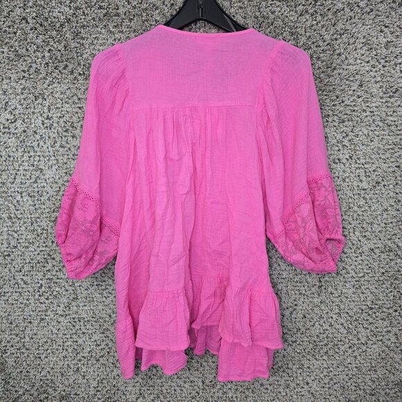 UMGEE Top Womens Small Pink Smocked Peasant Blouse Neck Tie Casual Ladies - Picture 7 of 7
